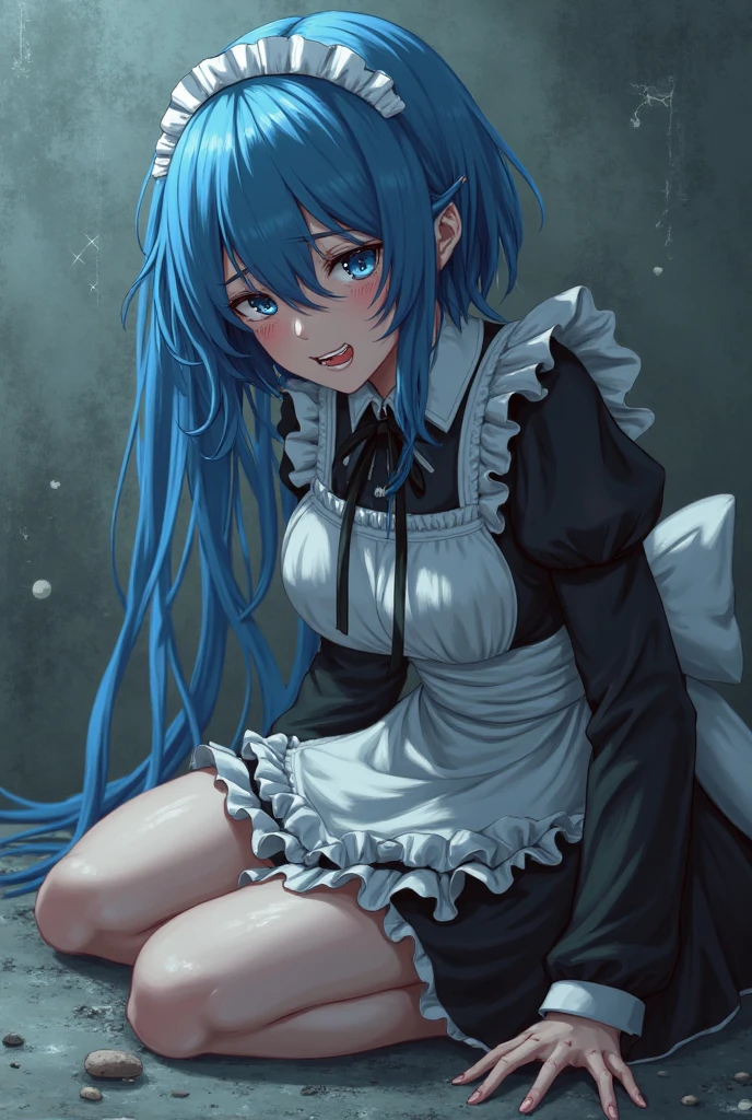 Maid Cosplay、1girl in、((glowy skin))、((cum on chest))、crouching down、opens legs、Opening legs、Thin panties、looking at the viewers、face to viewer、Ruined restroom、blue hairs