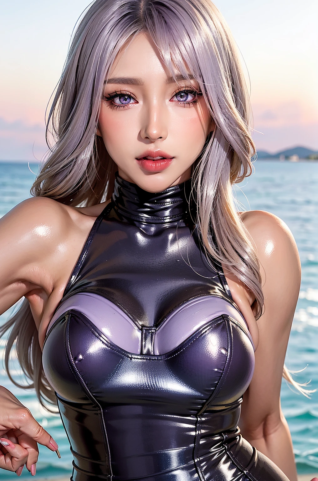 on the table,Hyperrealistic 8k ((bikini))CG,Image Quality,quality,1 girl,beauty的女孩,Zhongfa,(alone),upper body,beauty的皮肤纹理,beauty,cute little,Bangody-hugging suit, 穿着乳胶bikini, shiny and metallic)),Awkward,((Pointed chest)),Big breasts,((Perfect body)),(wet),(Skin  shiny and shiny),,covered in water drops,(on the bed)