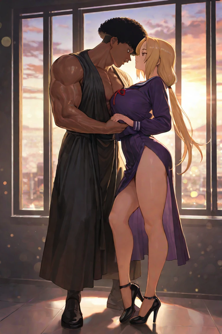 Depicts a strong werewolf hugging a blonde girl,(((black humanoid wolf))),(((Black furry humanoid wolf))),(((Beautiful sexy girl))),(((Blonde girl))),(((Girls wear:Red dress,Manteau blanc,red head band, big bust bra, a skirt, red long skirt,laced dress))),((Sexual suggestiveness)),Correct anatomy,详细的脸, 詳細な目,(((the right proportions))),City at night,The lights are on,scene of serious conflict,a warm color palette,(post impressionist),(Fechin Oil Painting - Fechin Oil Painting , oil painted), 007