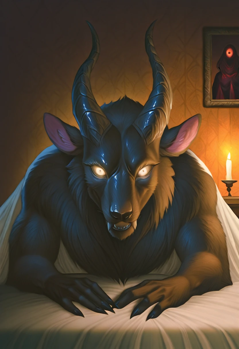 Krampus. solo. Black fur, big gray testicles and big gray penis, His right hand shakes his penis and his left hand holds his testicles. looking at me with an uncomfortable look, Eyes closed showing his tight teeth, full body image, Taran Fiddler style, medium shading. Lying so that their big  feets are closer to the camera. Lying un four on the floor. The butt points towards the image. The gaze turns to see the image.