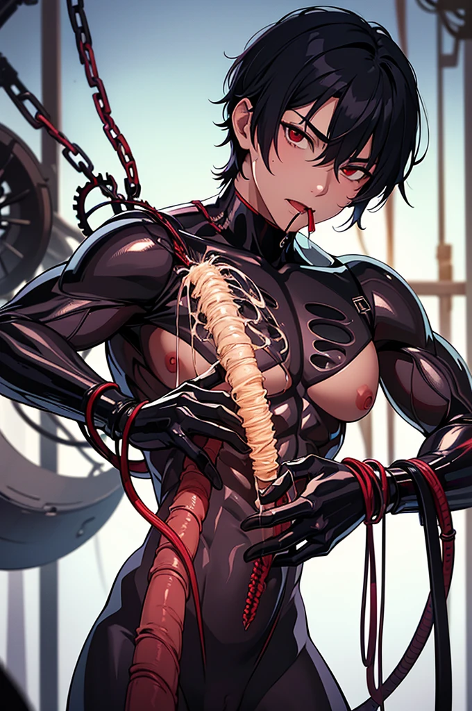 best quality, HDR, Extremely detailed face, (detailed (boy hair, boy face, boy cloth)), young man, (wearing black glasses), (black hair), (short hair), (black eyes), (full body), (boy bodysuit), (tentacle clothes), tentacles, tentacle sex, kneeling, (panic:1.2), (tear:1.2), (open mouth), <lora:tentacle_clothes:1>, (hands on clothes), (in classroom)