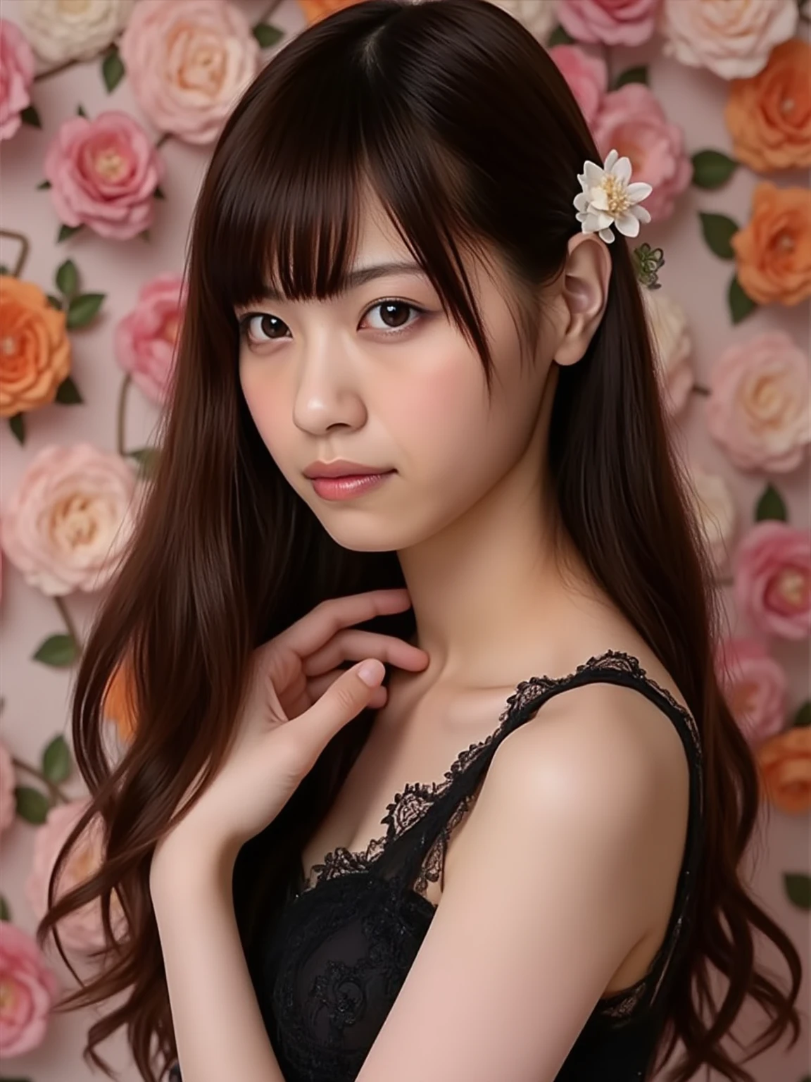 (extra detailed body、extra detailed face、best qualtiy:1.2)、femele、looking at the viewers、(pink bra、JINS)、(pink bougainvillea chaos in the background:1.4)no bangs, double eyelids,black hair, (Small Breasts)