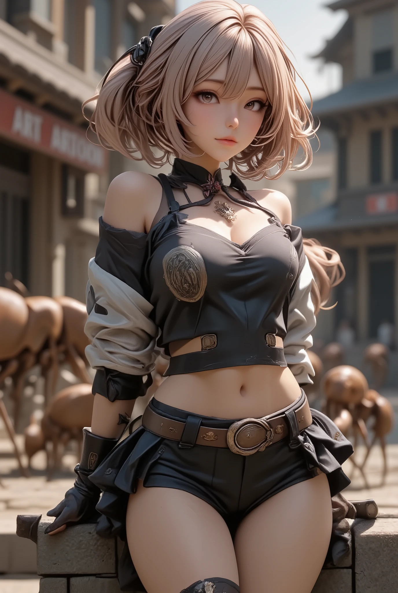 masterpiece, best quality, ultra-detailed, anime style, heroic female warrior, standing bravely against a massive swarm of ants, epic battle scene, strong and determined expression, wind blowing through her hair, sword in hand, dramatic lighting, backlight, insects charging from the distance, ground shaking, cinematic perspective, low angle view, cowboy shotintense atmosphere, fantasy battlefield, 2D anime illustration, cel-shading, bold outlines/sexy, deep cleavage, off-shoulder armor, (black panties:1.9), (detached sleeves:1.7), long fingerless glove