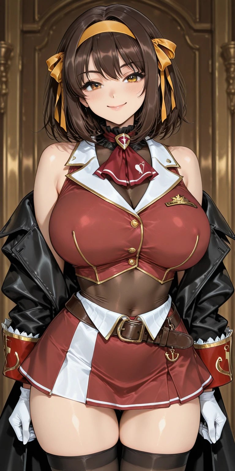Two Girls, Couple, bangs, salute, Hands on hips, Gold earrings, Large Breasts, jewelry, military cap, (uniform), (epaulet), Jacket, Harness, Thigh straps, Black thigh-high boots, (Pencil Skirt), mini skirt, corruption, (Dark skinned women, Dark Skin:1.3), Hollow Eyes, Half-closed eyes, Wicked Smile, No students, Grin, ((Mature Woman)), Mature Woman, Married women, (Dark Theme:1.2), Dark person, Huge Saggy Tits, Skin Dentition, Chubby, Sensual, Thick thighs, Wide Hips, from the front, (chromatic aberration, Intricate details), Dynamic Angle