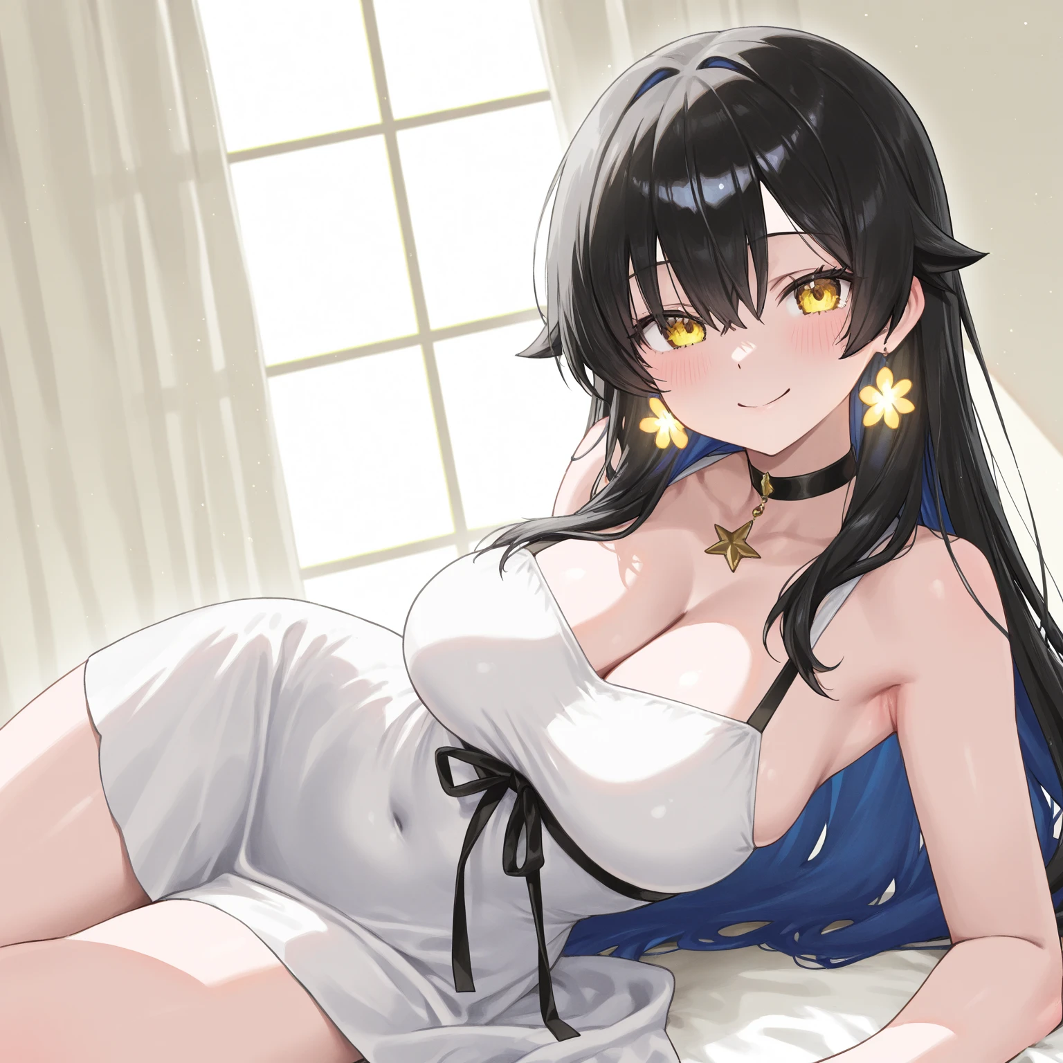 最high quality、best image quality、masterpiece、Curvy but thin body、perfect eyes, perfect face,The exact number of fingers、Exact number of legs、The exact number of armatures((bust 180:1.8)),beautiful blue eyes、1 girl:4.0、milking(Own),expose one&#39;s chest,beautiful nipples、beautiful big breasts(erect nipples:1)、sexy look、big breasts, 、black stockings、light blue short hair（inwardly curled hair）、thin、((Wearing only sexy navy underwear 1.8)),from head to calf、black wristband on wrist、Golden star-shaped hair ornament、Golden Necklace、red face、Slippery texture)）high quality、beautiful art、With background((bed)))、((open your legs:1.8、raise both legs:1.8,Own your thighs:1.8,lie down on the bed:1.8)),visual art、written boundary depth、One earring in each ear、mole under eye、beautiful thighs 