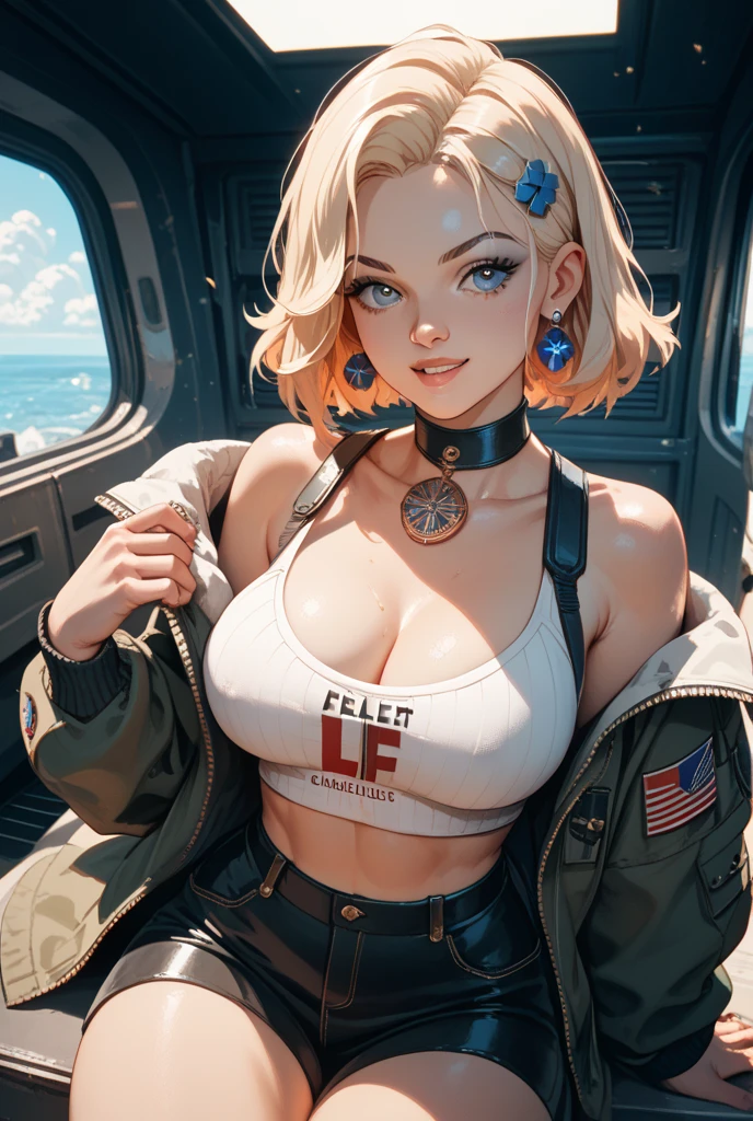 ((al estilo de Gil Elvgren o Alberto Vargas)), ((Bulma de DBZ,))red lipstik, lunares, Moda vintage, Pantalones cortos de cintura alta, Tapa recortada, cabello azul ondulado, prop plane in the background.
