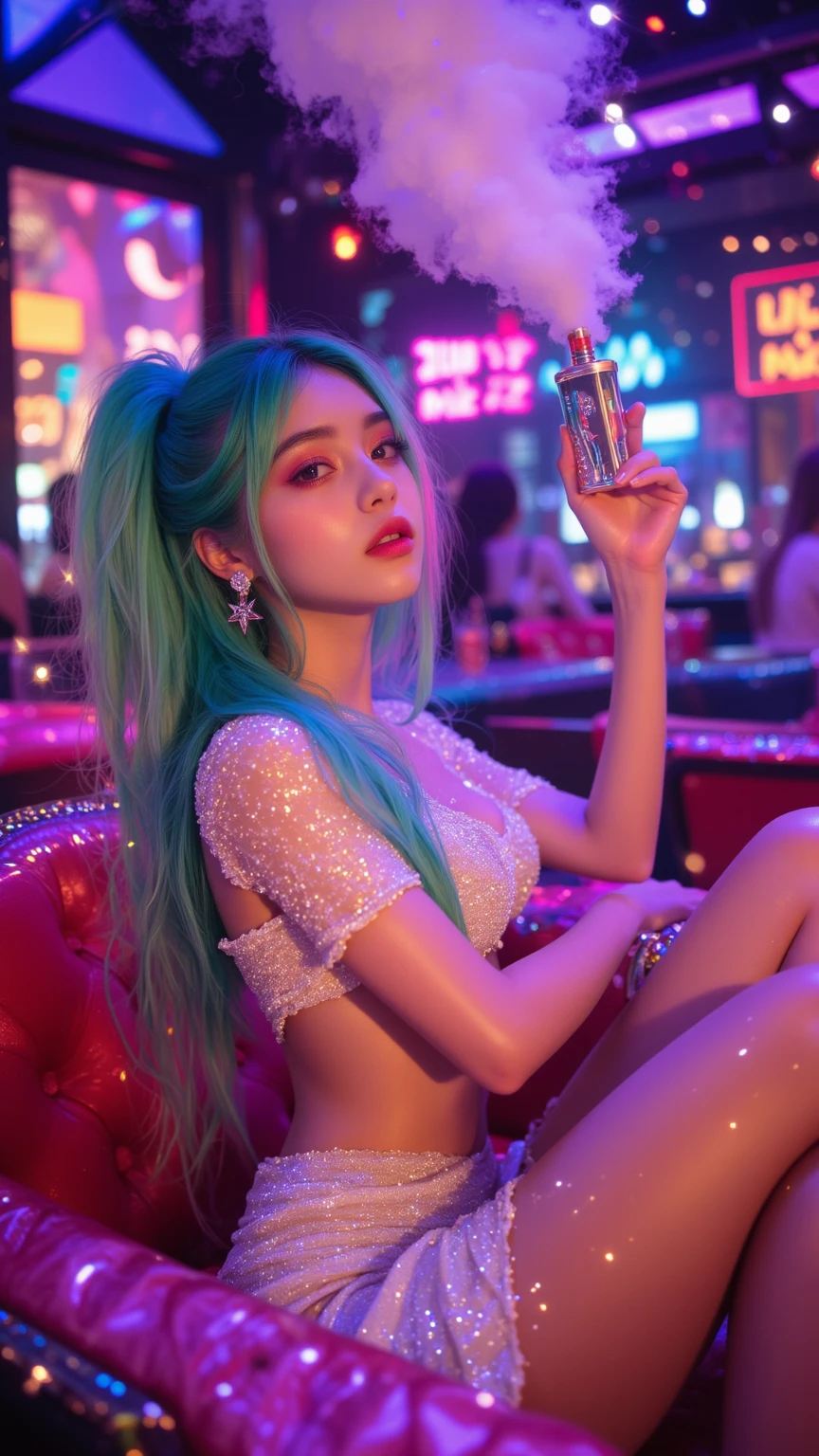 A girl k-pop idol (her wearing politely closed iris prom night glam sparkling bling bling dresses, her long green blue hair beauty in tie curly, her mystic make up)