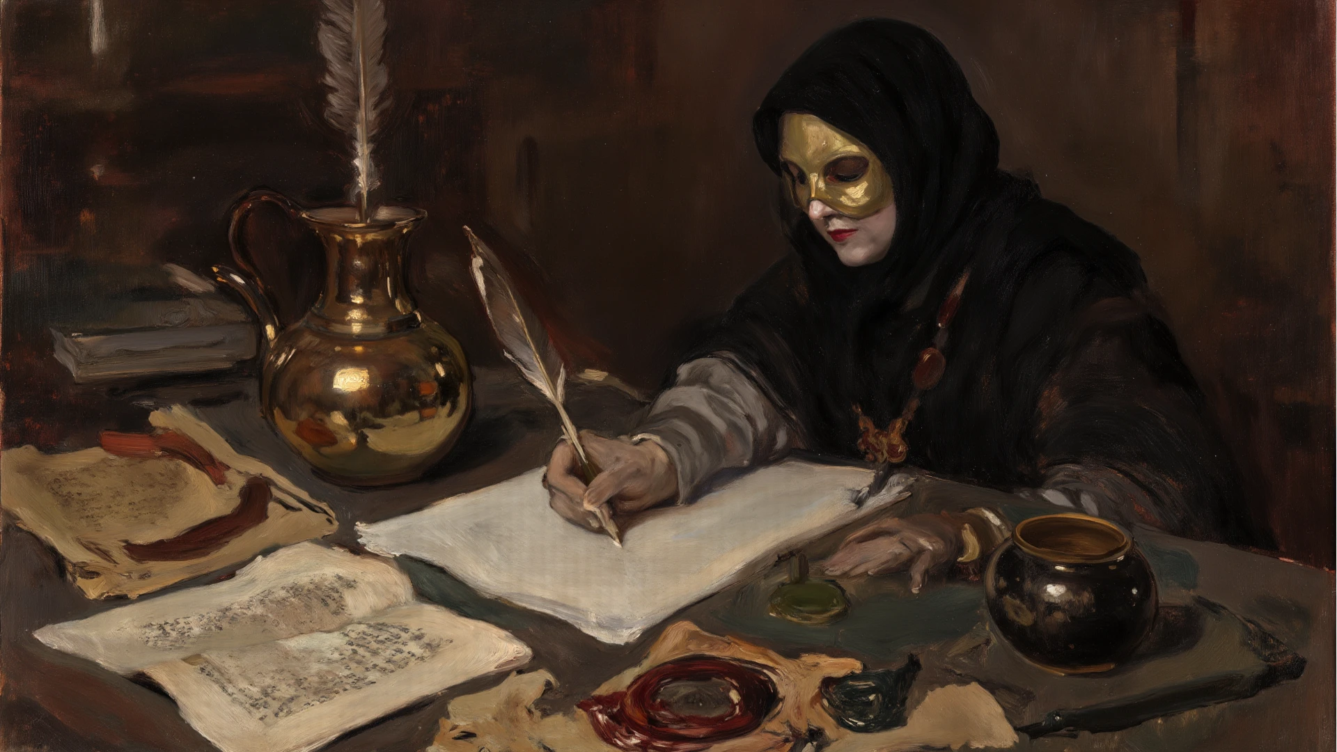 art by (apterus:1.5) style, old female fortune teller, table with candles, tarot, scrying stones,