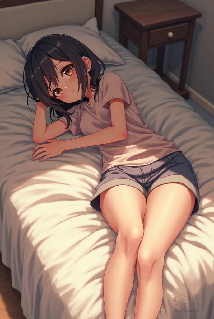 Super best quality by Makoto Shinkai, super detailed, High resolution, AI generated, anime moe art style, best anime 8K konachan wallpaper, pixiv contest winner, perfect anatomy, break,(Please draw a picture of a girl sleeping on the bed in her room.. )full body image,break, 1 girl, (alone,lolita, , 13 years old:1.3),All limbs, full finger,relaxation, Lying, close your eyes, (sleep:1.5), androgynous charm, (very short hair), messy hair, flat chest, Because I&#39;m slender, belly button, small ass, between legs, beautiful detailed lips, High resolutionの詳細な髪, lift pajamas,(detailed lighting), (detailed background), on the bed, in her room. break,super dense skin, Best lighting by famous artists, 8K, cute illustration,UHD, rough skin