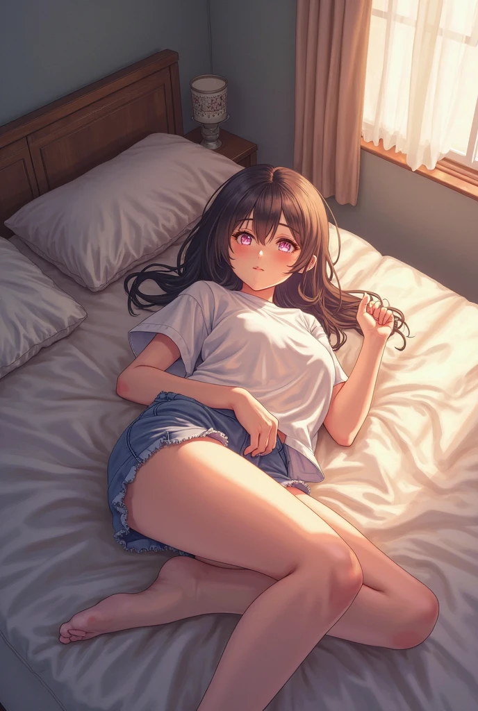 anime girl, of Brown hair, has glasses, She's naked and lying in bed with her legs open, She's barefoot and curvy 