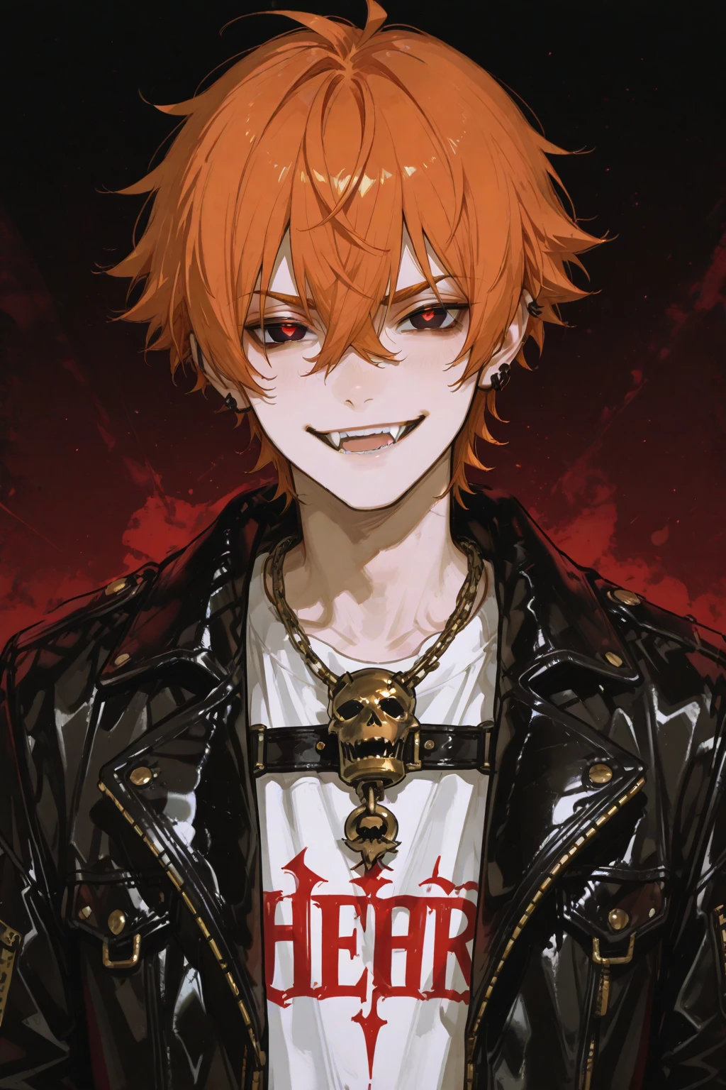 a man with dark skin with curly red hair, he wears a pink shirt with a brown coat and a necklace with an inverted cross attached to it as a pendant, he has red eyes with distorted pupils and a three-pointed scar in the middle of his head. forehead, he wears red pebble earrings, he wears black dress pants and mid-calf boots with high heels, he has a horrifying smile with several crooked teeth, he stares at you in an extremely frightening way, he is handsome with a elegant yet extremely hideous and strange way.