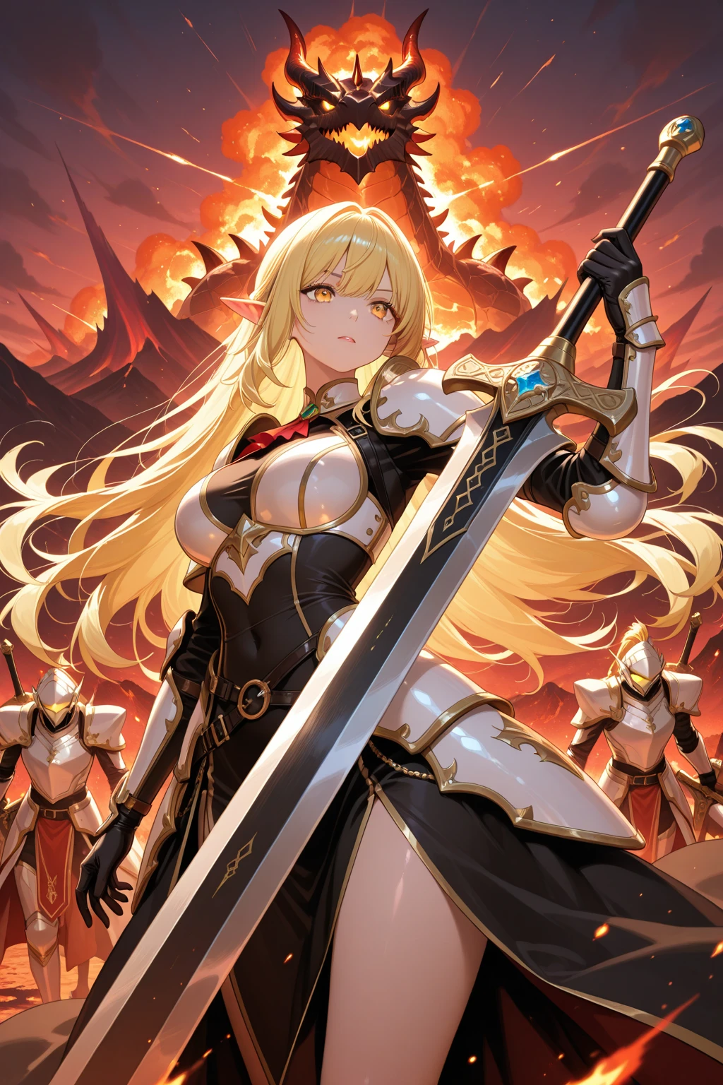 masterpiece, highest quality, High resolution, Extremely detailed CG, Absurd, whole body, One Girl, alone, a girl in armor and a Crown holding a large sword, white armor, Golden decoration, red_Costumes, Off the shoulder, Knee socks, Long Hair, ponytail, blonde, leg armor, Cleavage, Crown, gloves, armor, white gloves, High heels, Off the shoulder armor, >:)