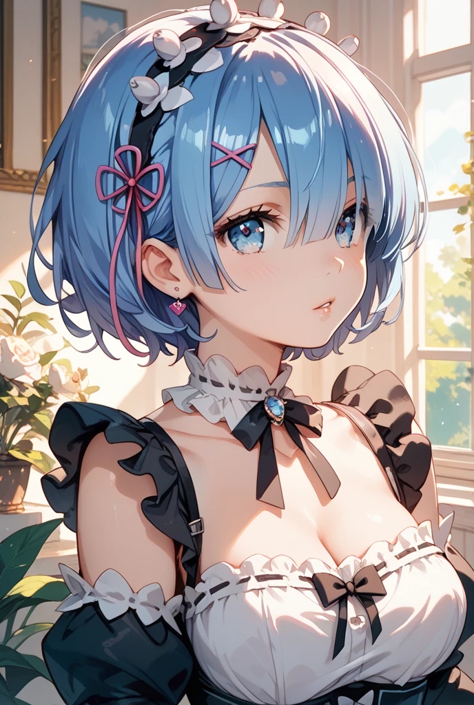 beautiful, masterpiece, Highest quality, anime, One girl, C Cup,Portrait Shot, View your viewers, Covered、Short Hair、nearby、Blue Eyes、art、、White hair,Blue streaked hair、wallpaper、hairpin、Cute smile、Thighs、、Cute、Light frill dress
