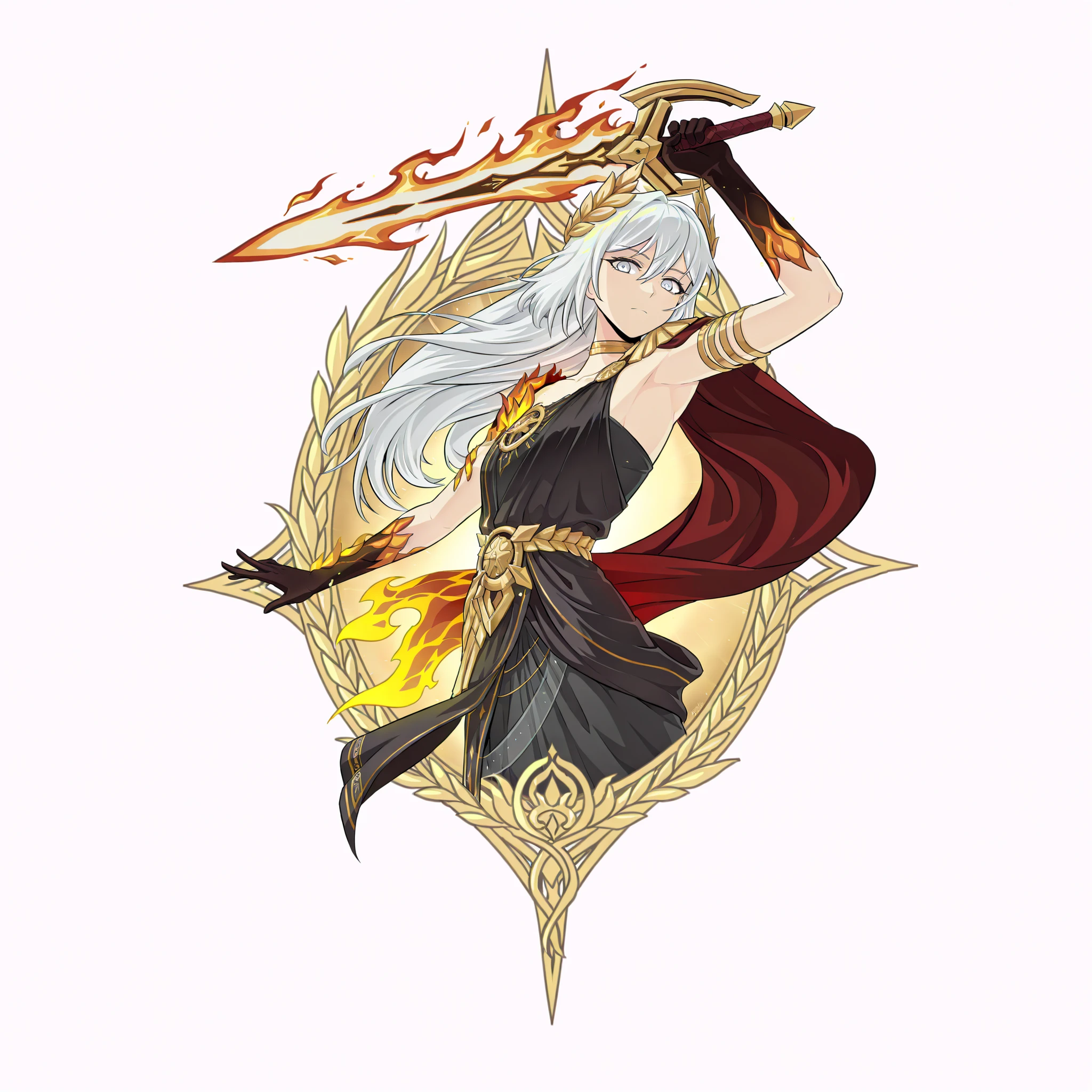 (upper body focus, from the side, medium shot:1.22), anime style, Studio Trigger, dynamic pose, three quarter shot, looking at viewer, mature, 1girl, solo, mature, masterpiece, best quality, amazing quality, very aesthetic, high resolution, ultra-detailed, dramatic lighting, CG art, absurdres, scenery, golden aura, golden flames, white flames, (Senti, Herrscher of Sentience, FuHua, Fol005, Fh_Hos:0.73), flat chest, white hair, white eyes, carapace, shoulder cape, black dress with golden trim, gold accents, synthetic armour, nanoweave, (greco roman dress, greek dress:1.4), wielding greatsword, bloody red scimitar, warrioress, priestess, laurel crown, glowing cape, Vergillius from Limbus company, (LionLimbus:0.4), cosmic weapon, asymmetrical clothes, SSR Gacha character, villainous, ornate clothes, (flame sword summons, cosmic sword:1.3),
