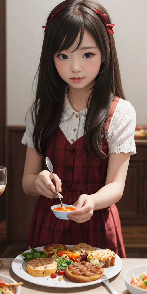 Realistic 3D home scenes，Warm，Rural style，dining table，Checkered dining table，Virtual two-dimensional girl，Anime comic style，2D characters，Makoto Shinkai painting style，Asian girl，sit on chair，clever，Long pink hair，Ruby red eyes，largeeyes，Pure and lovely，female high-school student, VR girlfriend