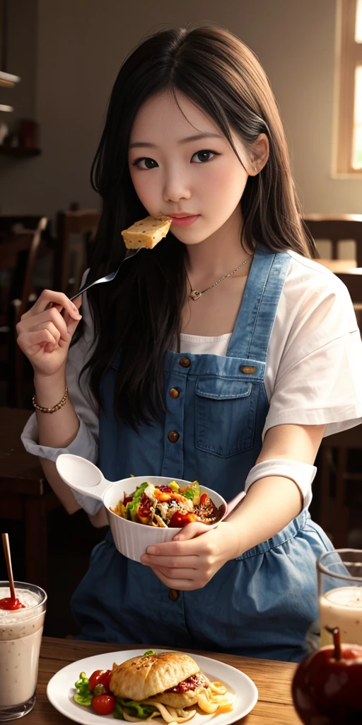 (8K), (Best Quality: 1.2), (Realism: 0), ((Dignified Expression))), Ultra High Definition, 1 Girl, Cute, Smile, Closed Mouth, Beautiful Details, Beautiful Nose, Colossal, School Uniform, Glossy Thighs, Meaty, Kitchen, Breakfast, Bread, Orange Juice, Fried Egg, Coffee, Fruit, Sitting at the Dining Table, From the Back