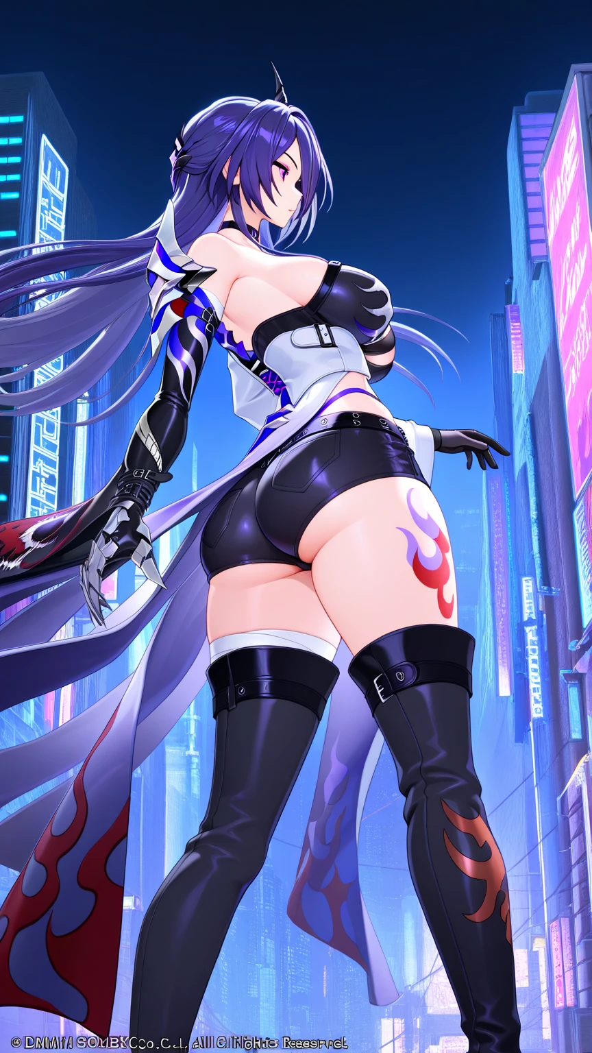 Hinata huga(boruto) hinata(work of art), (masterpiece), (best quality), a black headed girl, (blue eyes), black clothes, big , showing beautiful backside, backside, brightly lit night city background, red bow, butterflies in golden circle, flowing hair , but g , full figure head to toes , standing beside poles
