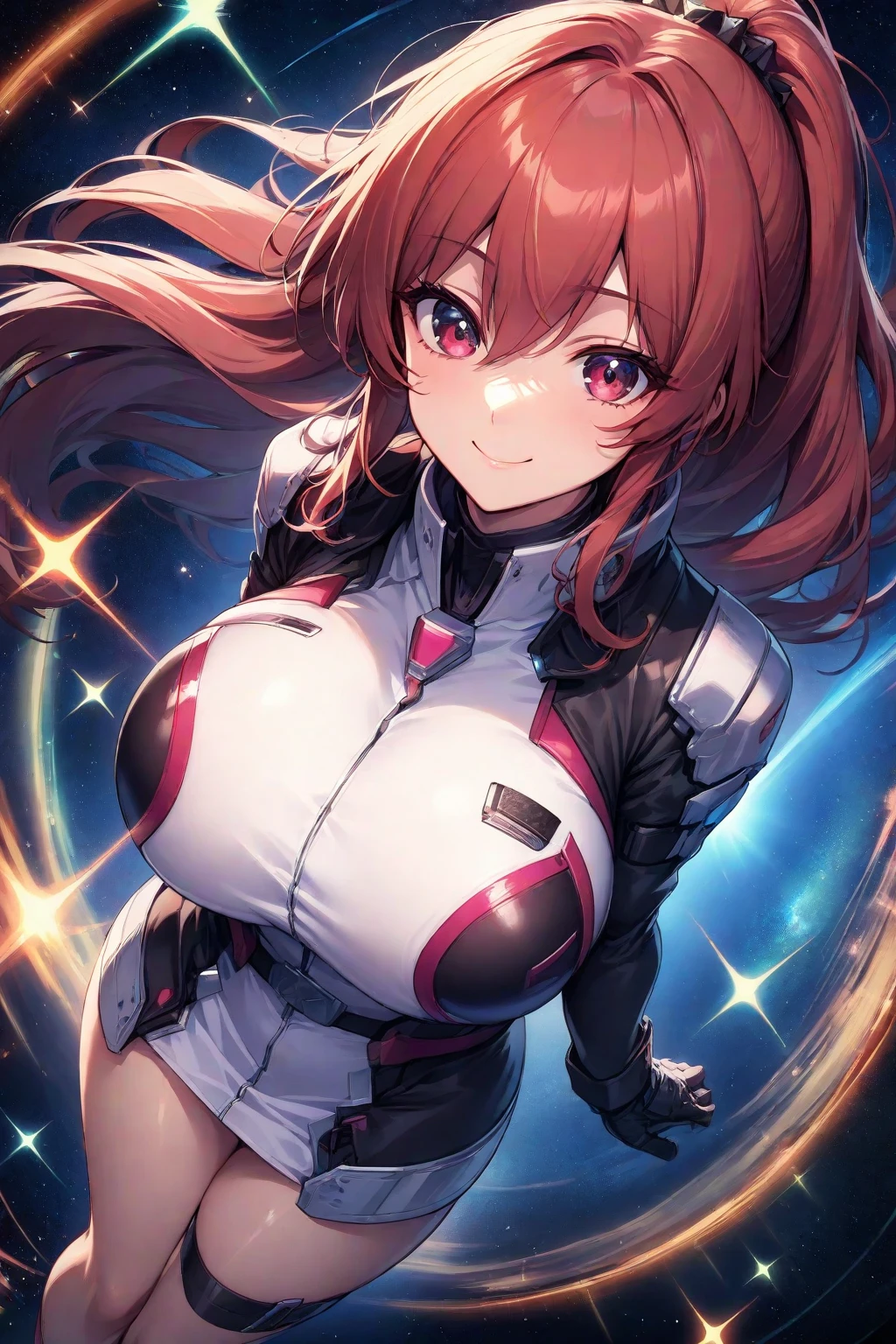 (one girl、emerald eyes、dark orange brown hair color、middle short hair、Beautiful big breasts of G cup、Completely naked、Beautiful pale pink nipples、Female genitalia beautifully colored in light pink) (leotard suit、flight gear、Gear Arm、Gear Leg) (背中装着したflight gear、Gear Armアーマー、Gear Legアーマー)