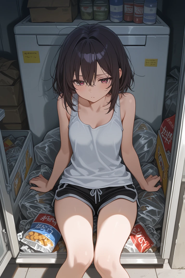in container, 1girl, solo,short hair,red eyes,blue skirt,black hair,full body, sitting ,refrigerator,in refrigerator,looking at viewer