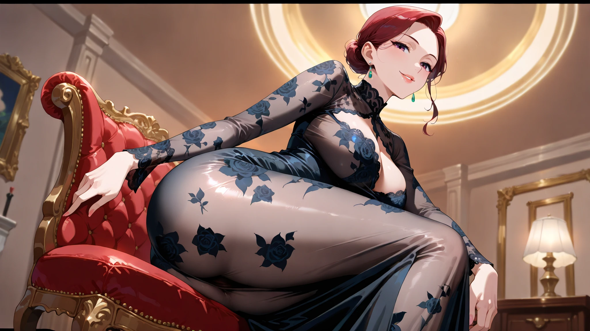 (Masterpiece, Best Quality, High Quality:1.4), professional artwork, Intricate Details, field of view, sharp focus, detailed painting, photorealistic lighting, trending on pixiv, (vivid lighting, vibrant colors:1.05), realistic shadows, ambient occlusion, by Takato Yamamoto Marie Mamiya, mature female, milf, solo, (curvy:1.1), sitting on sofa, crossed legs, luxury room, (cowboy shot:1.1), (red hair:1.05), hair ornament, lipstick, makeup, (mole under eye:0.9), choker, ultra detail hair, ultra detail face, (yellow eyes:1.05), perfect eyes, perfect face, earrings, (seductive look, blush:1.2), (main dress:1.2), choker, (black thighhighs:1.1),(highheels:1.2), bare shoulders, necklace, fingernails, (Large Breasts:1.15), Cleavage, big ass, thighs