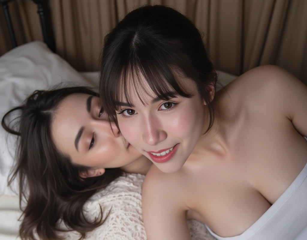 (((pov, shoot from top, oral sex, blowjob, fellatio, licking penis, cuw body, cum facial, cum on tongue, cum inside vagina, creampie, cum string, bukkake, lying, naked, on bed ))), Young lady, 1boy, penis, (((closed eyes, open mouth, orgasm))), bathed in soft, warm lighting, showcasing , well-defined abs, flawless, fair skin, vibrant eyes with double eyelids, long, wavy hair cascading down her back, exuding an innocent yet sultry aura. expose delicate abs, white
