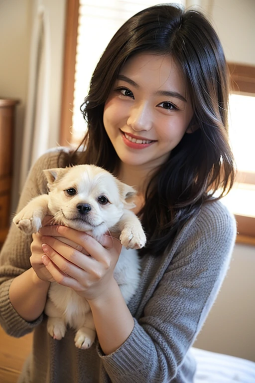 8K、Top image quality、​masterpiece、An 18-year-old woman、Sleeping in bed side by side with a dog、fullnude、(Siberian Husky in dogs、The dog licks her face:1.2)、Smiling messily after being licked by a dog、Cinematic lighting
