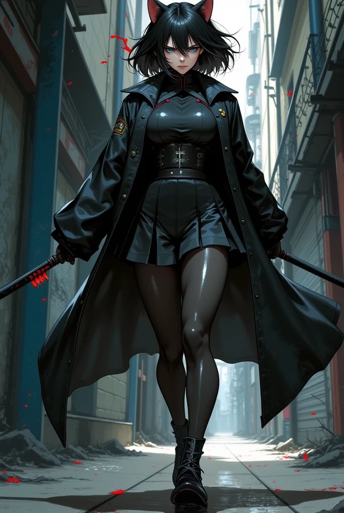 masterpiece, best quality, absurdres, <lora:maiden-nikke-richy-v1-000010:1>, maidendef, black coat, spikes, knee boots, fingerless gloves, mask, hair flower, hair ornament