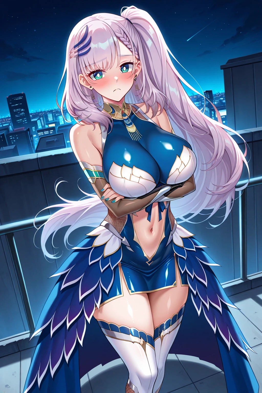 masterpiece, best quality, <lora:tsukugami_tk-10:0.7> tsukugami_tk, 1girl, solo, breasts, smile, large breasts, long hair, dress, cleavage, yellow eyes, hair over one eye,