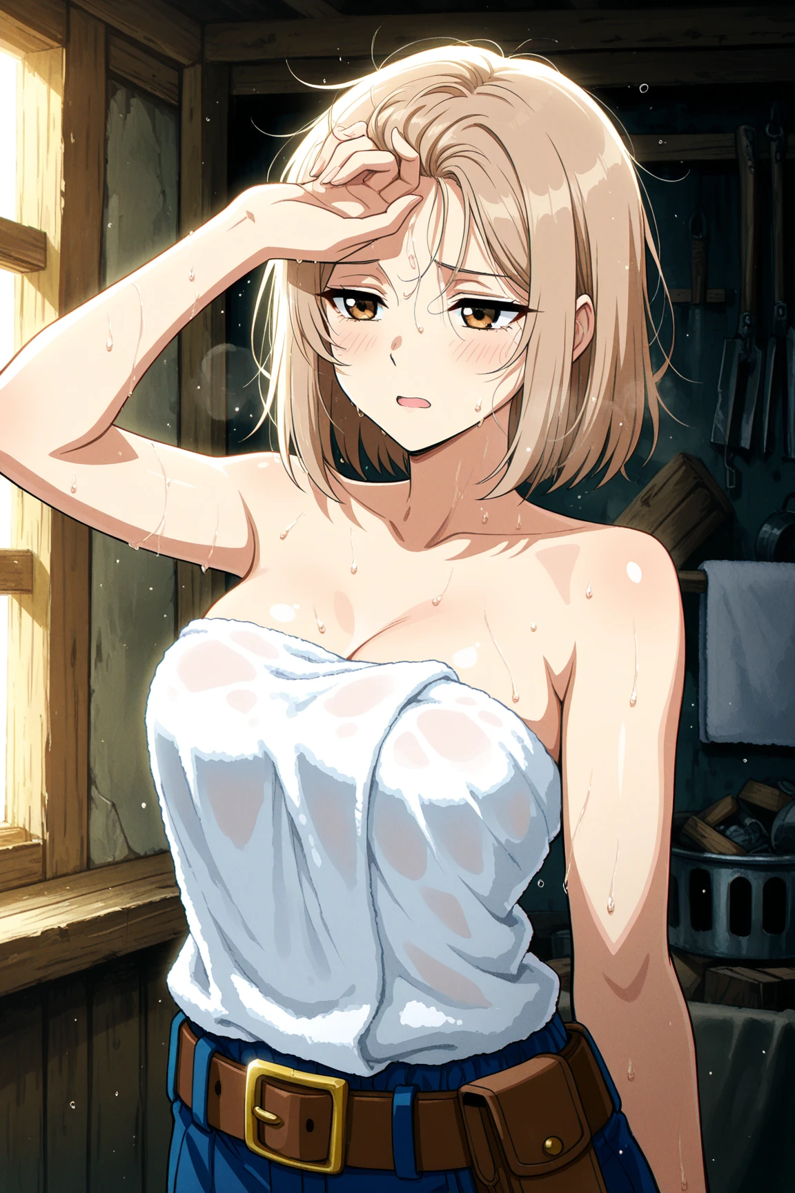 、(masterpiece、Highest quality)、Highest quality, Ultra-high resolution, (((masterpiece))), alone, Sweat、Big eyes, Composition from the front、Shortcuts、Embarrassed face、Blonde Hair、Cut your hair short、skirt、short hair、Upper body naked、Breasts exposed、Nipples、Large areola、Woman showing her body、belly button、真Composition from the front、indoor
