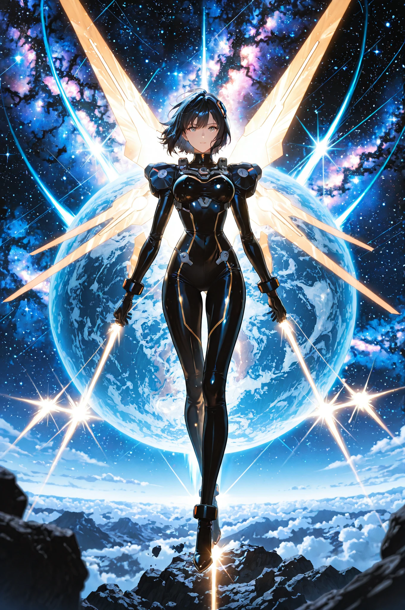 (masterpiece、highest quality、Highest Resolution、clear_image、Detailed explanation、Angle from above): (whole body、One 20 year old girl、The Face of Japan、Small face、thin、navy blue super short bob cut hair、(Hidden Small:1.3)、Sparkling blue eyes、Shiny black and white pilot suit、Chest protection armor、Tight fitting clothes、whole bodyを覆う衣服、Glamorous clothes、Tight Fit Pants、Hide your skin、Very delicate and beautiful、Detailed skin、hide thighs、Hide your ass、cute、A kind smile、Soft look、heroine、headset、Knee-high boots、Elbow-length gloves、Eye-level shot、face directly、Woman on a spaceship)