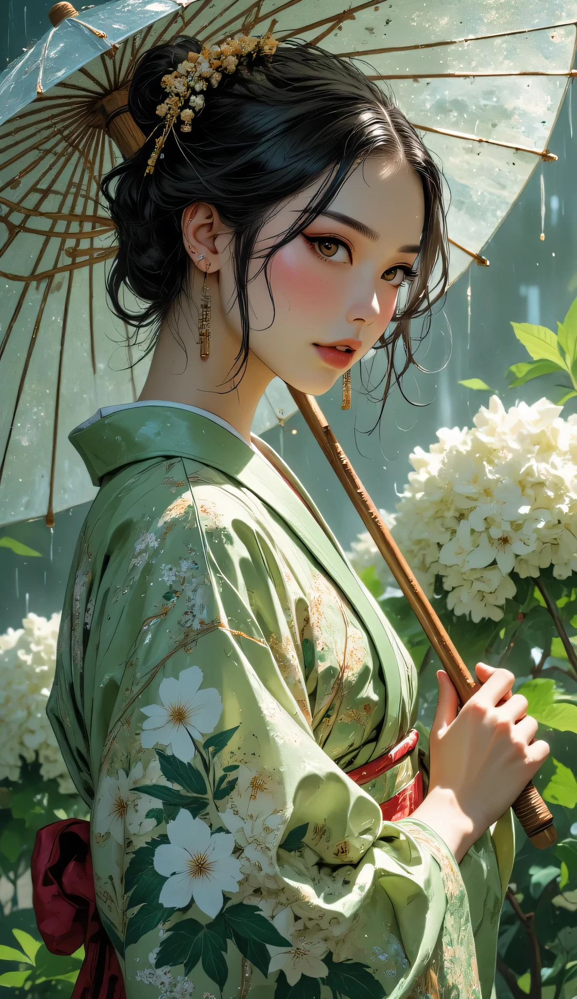 One Woman, (full body shot), (A woman in a light green kimono with a pattern of spring flowers), Woman in kimono with hair tied up, standing with umbrella surrounded by beautiful hydrangeas wet with rain, brown eyes, black hair, anatomically perfect, slender face, pretty woman, fine eyes, double eyelids, (beautiful delicate eyes and lips), playing with light and shadow, soft sunlight and reflected light, raindrops dripping through the umbrella, tranquil, fantastic realistic fantasy art, low contrast, dramatic lighting, artistic composition, intricate and detailed,
((Highest quality)), ((masterpiece)), (detailed), ((very detailed face)),18-year-old girl, high resolution photo, an everyday moment captured with cinematic quality, an air of ennui,