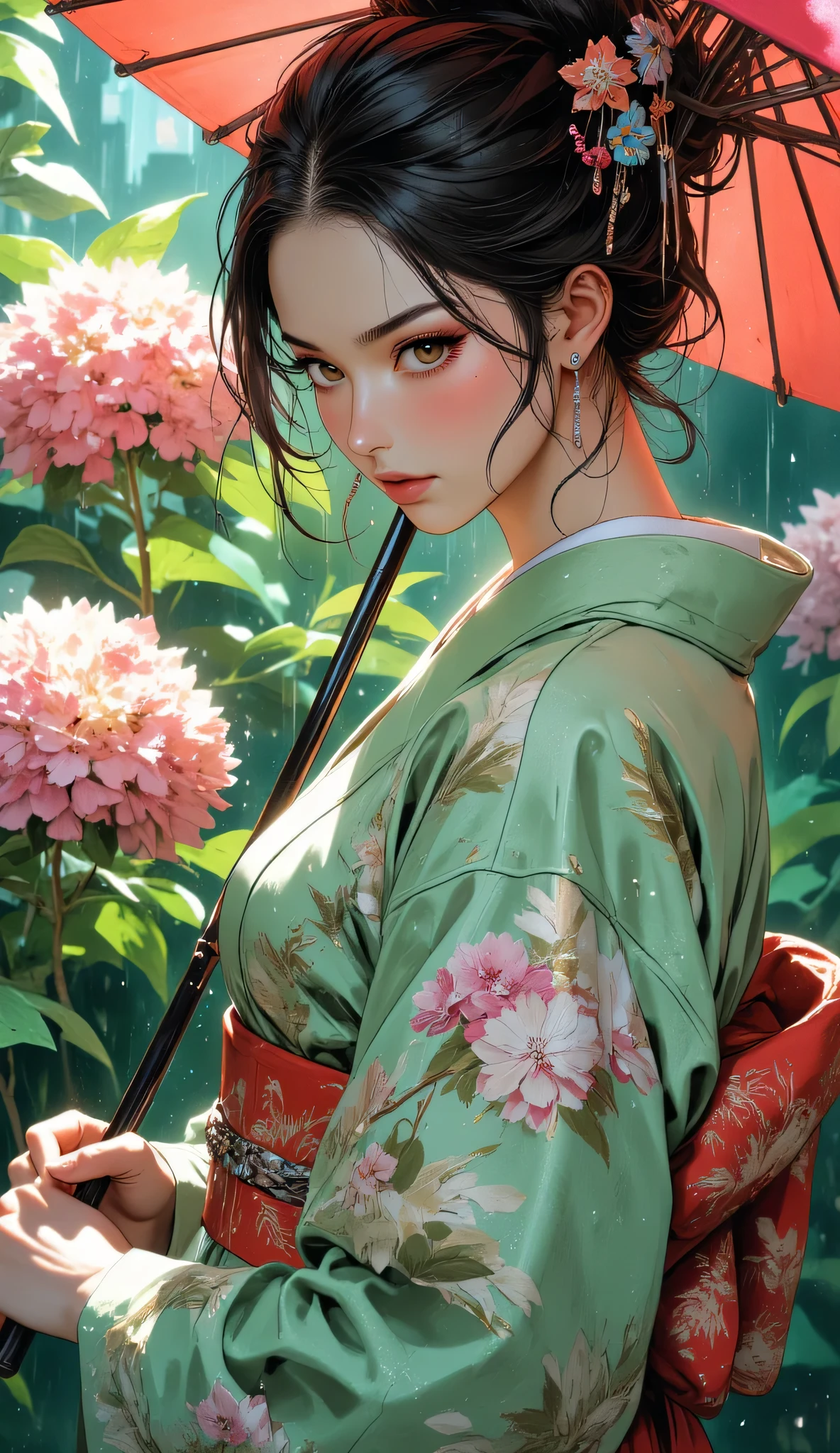 One Woman, (full body shot), (A woman in a light green kimono with a pattern of spring flowers), Woman in kimono with hair tied up, standing with umbrella surrounded by beautiful hydrangeas wet with rain, brown eyes, black hair, anatomically perfect, slender face, pretty woman, fine eyes, double eyelids, (beautiful delicate eyes and lips), playing with light and shadow, soft sunlight and reflected light, raindrops dripping through the umbrella, tranquil, fantastic realistic fantasy art, low contrast, dramatic lighting, artistic composition, intricate and detailed,
((Highest quality)), ((masterpiece)), (detailed), ((very detailed face)),18-year-old girl, high resolution photo, an everyday moment captured with cinematic quality, an air of ennui,