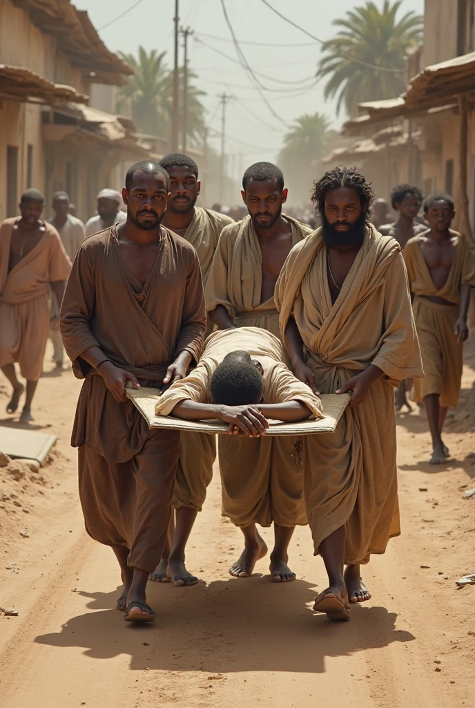 group of men prisoners crouched claustrophobic prison yard quarry mountain desert Sahara, very tanned primitive short beard brutish sad Neanderthal Russian young men wearing loincloth and barefoot, flaxen blond