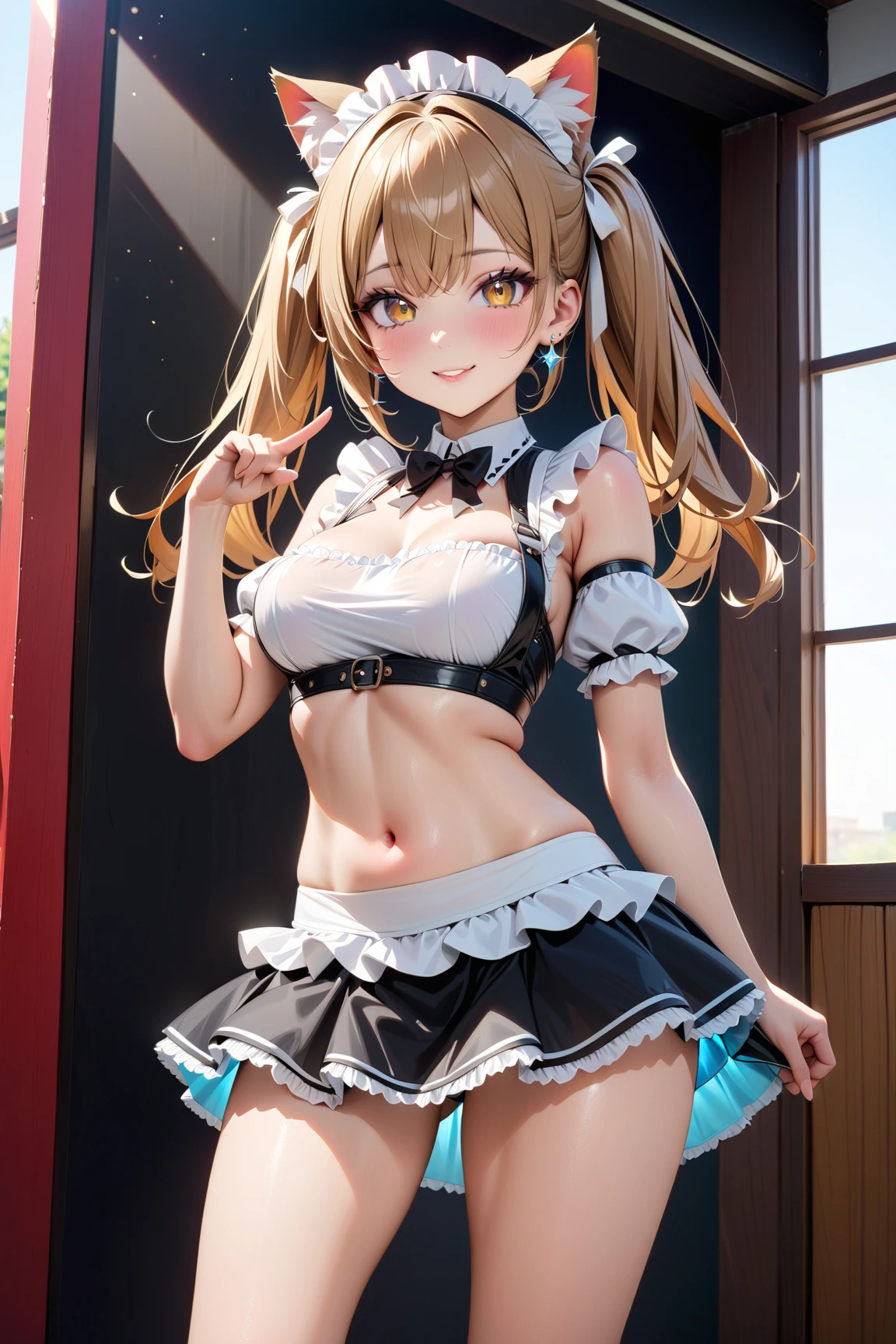 (Photorealistic:1.8, highest quality:1.8,8K masterpiece:1.8,High resolution,Mastepiece:1.8,RAW Photos,Cinematic lighting),No split screen、Brilliant lights、dance hall、（Dancing Bunny Girl）、Zooming in on parts、Angle from below、 (Real skin texture:1.3)、(Shortcuts、Blonde Hair)、Woman's Costume（choker、Bunny Girl Suit、Knee-high fishnet socks、Rabbit&#39;s Tail）、Crotch close-up、((Perfect female body))、 Esbian all over、(Random Sexy Poses:1.3、thrust one&#39;s hips upward、Stick your hips out to the camera:2.3)、cameltoe、(Beautiful expression、Beautiful Face、Beautiful Eyes、A rich expression、smile)、 (Immersive atmosphere、Chiaroscuro:1.5、Bright light:1.2、Bright lighting)、Realistic:1.3、Long Shot、The woman is naked、woman is nude、Adult video shoot
