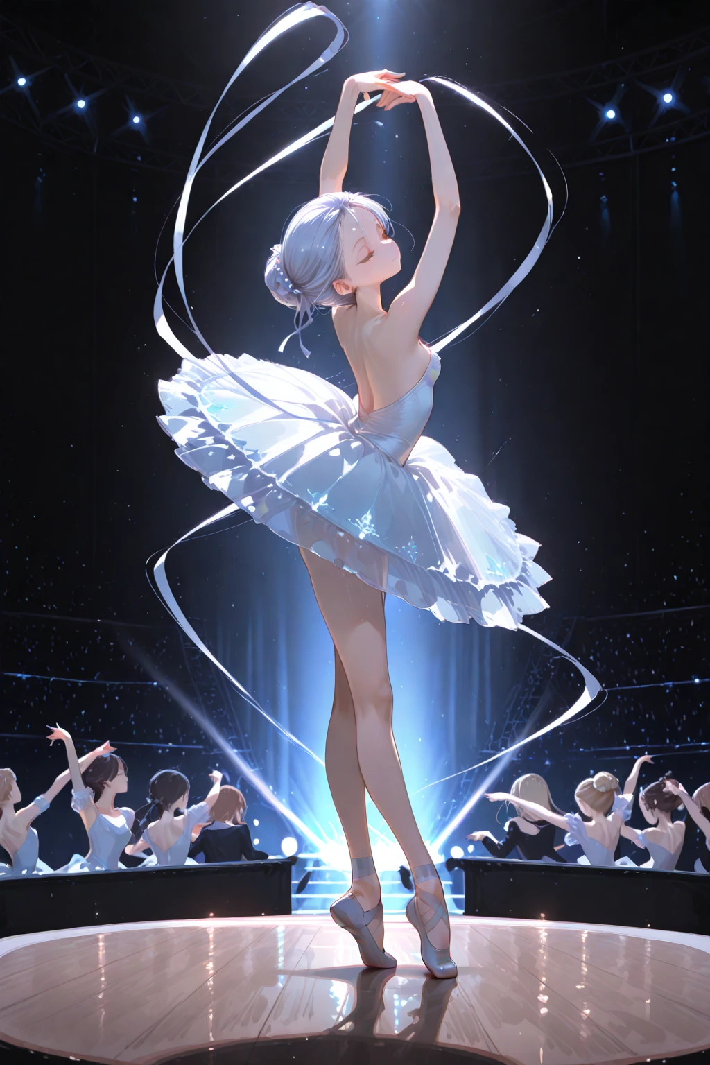 A full-body shot of a graceful, ballerina in mid-leap, frozen in time as if suspended in the air. She wears a delicate tutu and ballet shoes, and her hair is pulled back in a tight bun. The background is a dimly lit stage with a velvet curtain backdrop, with a spotlight illuminating the ballerina and casting a dramatic shadow behind her. Her expression is focused and determined, as if she's striving for perfection in her art. The overall mood is one of elegance and beauty, capturing the artistry and athleticism of ballet.