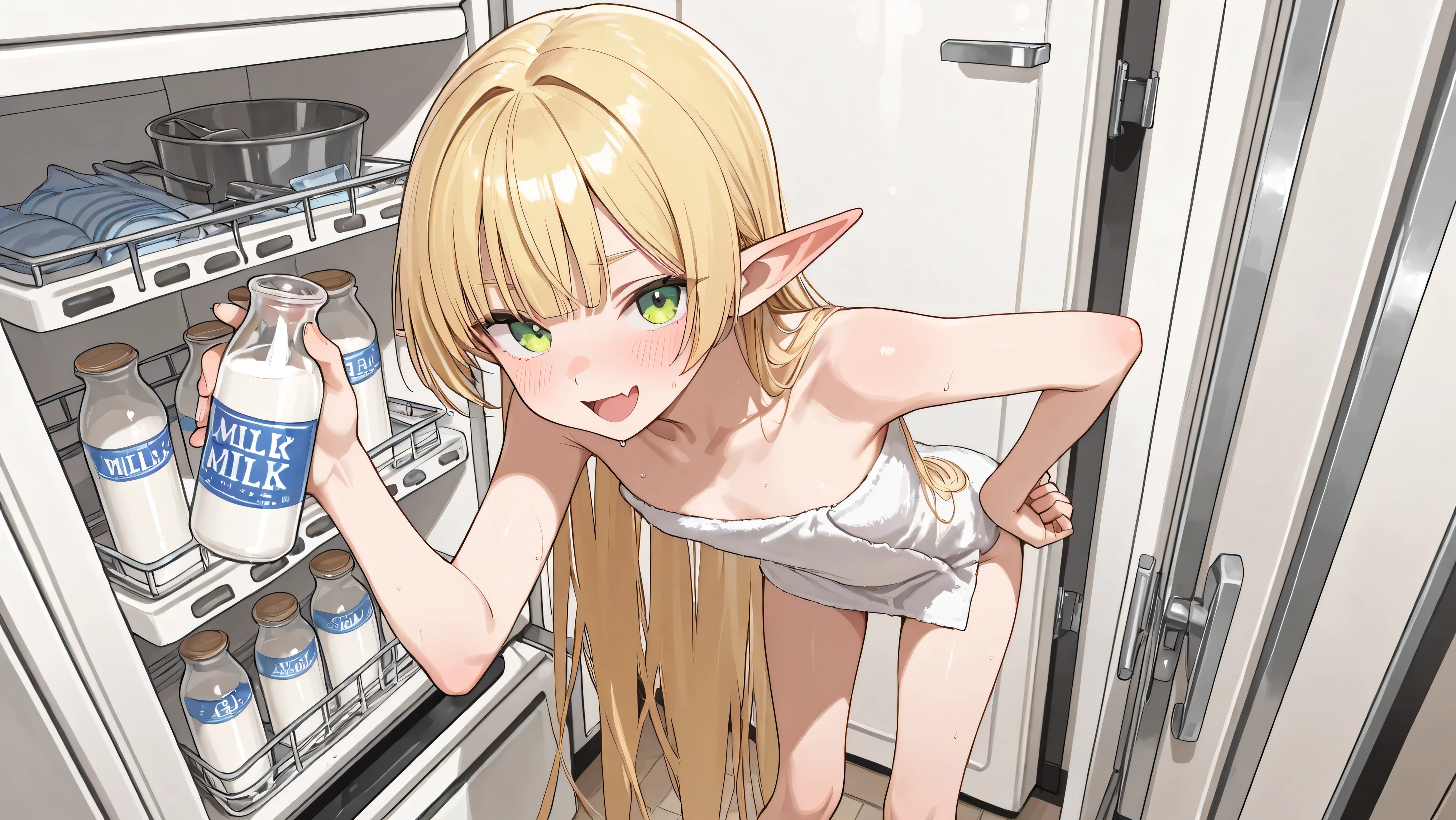 solo,((1girl)),Round face、,(masterpiece), (Superb), perfect face, very detailed face, very detailed face, beautiful girl,Slim、((thin legs))、8k,、 Detailed Eye Description、,((Elf))、((flat chest))、Blonde、green eyes、choppy bangs、[absurdly long hair]、skin fang、summer、ndoors 、Sunburn、red until blush、laughing、kitchen、(、towel、hand on own hip,holding bottle、legs apart、Milk bottle、(facing up)、refrigerator