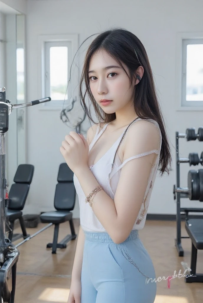 photography 400 ISO film grain 30mm lens RAW aperture f1.8, sharp face, masterpiece, best quality, highres, (Soft Lighting), professional model photo, (looking at viewer:1.5), front photo, a HongKong girl, (looking at viewer:1.5), slim,beautiful details, (brown hair), white socks, sneakers, (dynamic pose:1.2), ((in gym room)), <lora:HKGirlv1:0.7>, (ulzzang-6500-v1.1:0.4), (close up), smile