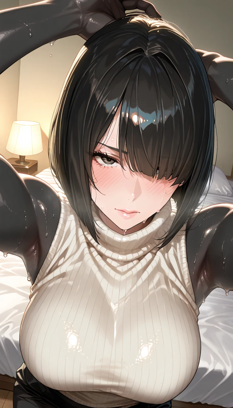 woman sucking penis hardly,hyperrealistic anime,mature woman,shaking effect,black hair,saliva,white sweater,long-skirt,huge breasts,blowjob,face focus,painful,look at viewer,sweaty,pov