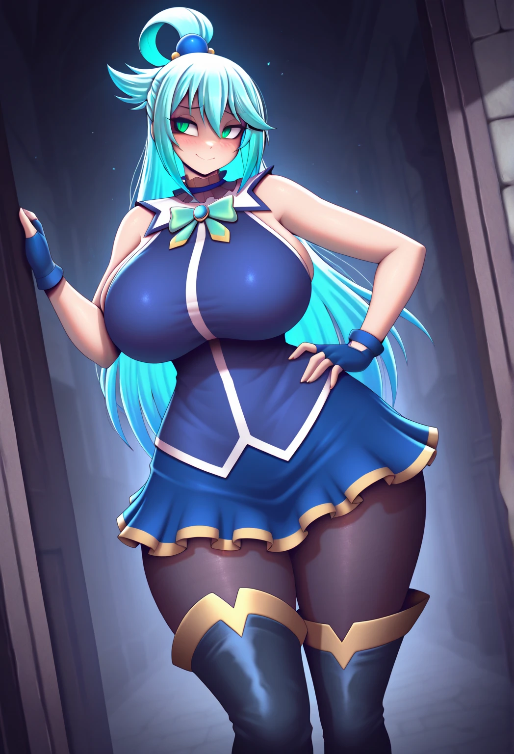 (masterpiece), best quality, (Highly Detailed CG Unity 8k wallpaper), Detailed background, (Hands by Guido Daniele: 0.5), First person perspective, 1, Beautiful human girl who is attractive and perfect, teenager,  (long turquoise hair), (curvaceous), (goku gi top) , (blue belt), (black thigh high socks)  (tight orange miniskirt), (seductive standing legs sexy), slender legs (UGG boots), (white thighs: 1.12), angle full body view, (princess style medium hair:1.12), hair braids, (turquoise eyes: 1.13), Look at the viewer, big, ((cleavage)),NSFW, beautiful face, (Blush: 0.90), (Smile: 1.11)expressive eyes, perfect face, medium breasts,