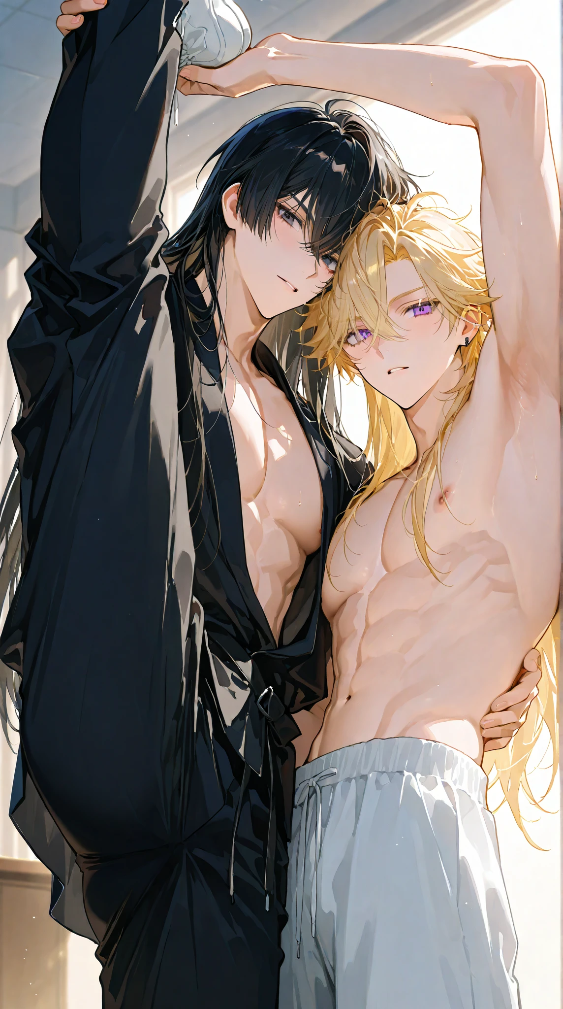 Male and Female、Black haired man and blonde long haired busty woman、Back to Back、Smiling、Naked and naked、Nipples、blush、((Blonde long hair woman))、Simple white background、(A naked man with short black hair、Man with bouncy hair)

