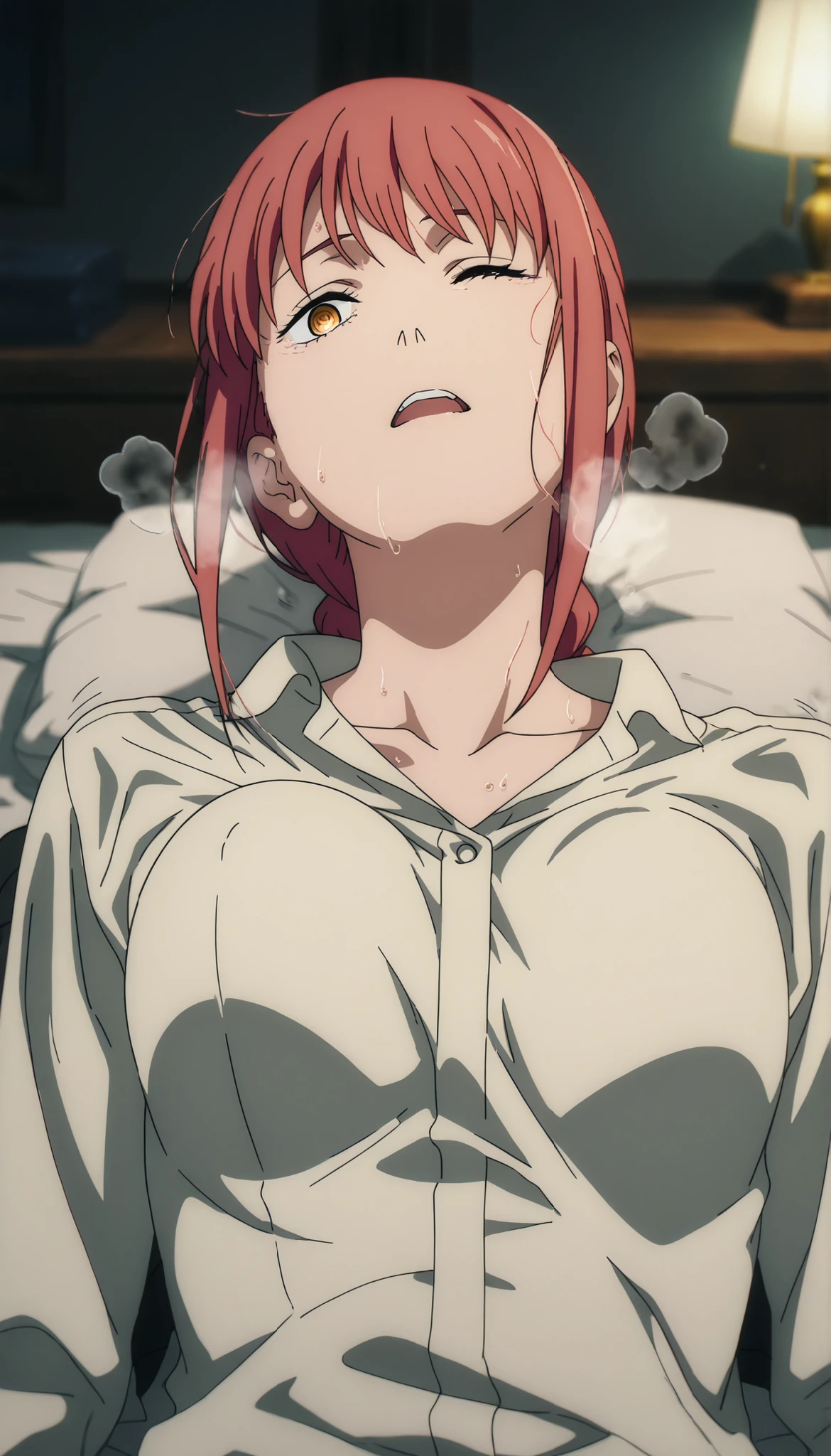 anime coloring, (anime screencap) masterpiece, detailed face, <lora:Makima:0.8>Makima, ringed eyes, solo, from above, ,tight shirt, red hair, braid, looking at viewer, collared shirt, yellow eyes, white shirt, braided ponytail, bangs, long sleeves, sidelocks, upper body, formal, ((wide open mouth)), ((back on bed, lie on back)) , indoors,(dark room, lamp), medium hair, long hair, head back, (head tilt) , , blurry background, business suit,((wince, light smile, orgasm ,frown)), , collarbone, medium breasts, (), shiny skin, sweaty skin,(bouncing breasts), (heavy breath), ,