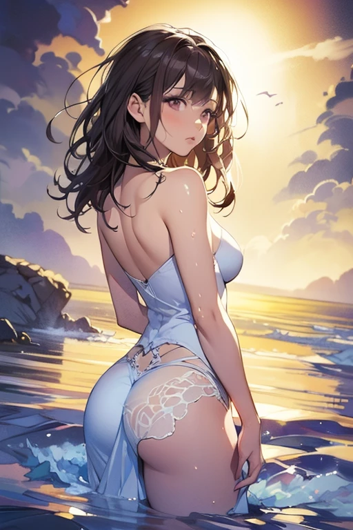 (masterpiece),(Highest quality),(Super detailed),(High resolution),(Highest quality),(An illustration),8k,woman,Beautiful Skin,Beautiful Face,(Micro bikini with a very small area),Sandy Beach,(Back view),(From below)