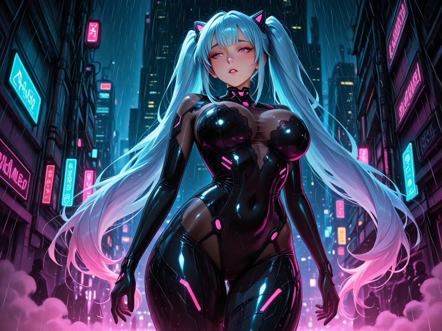 woman. alien, non-humanoid, beautiful, beautiful, full body, sculptural body, best quality, (beauty), masterpiece, 1 girl, render based on physics, ultra highres, narrow waist, thin, big eyes, long legs, (small breasts), swollen eyes, night, (rainy city), bright skin, facing the viewer, fighting posture, (close the fist), firm expression,