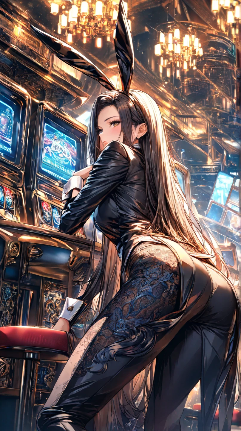 highest quality、complete limbs、Refers to the whole、1 beautiful woman、beautiful big breasted woman:1.3、((black haired woman:1.3))、long hair woman、straight hair、Bunny girl、(((赤色のBunny girlレオタード:1.5)))、(((赤色のBunny girlカチューシャ:1.7)))、(((brown pantyhose)))、big smile、back view、casino、slot、roulette