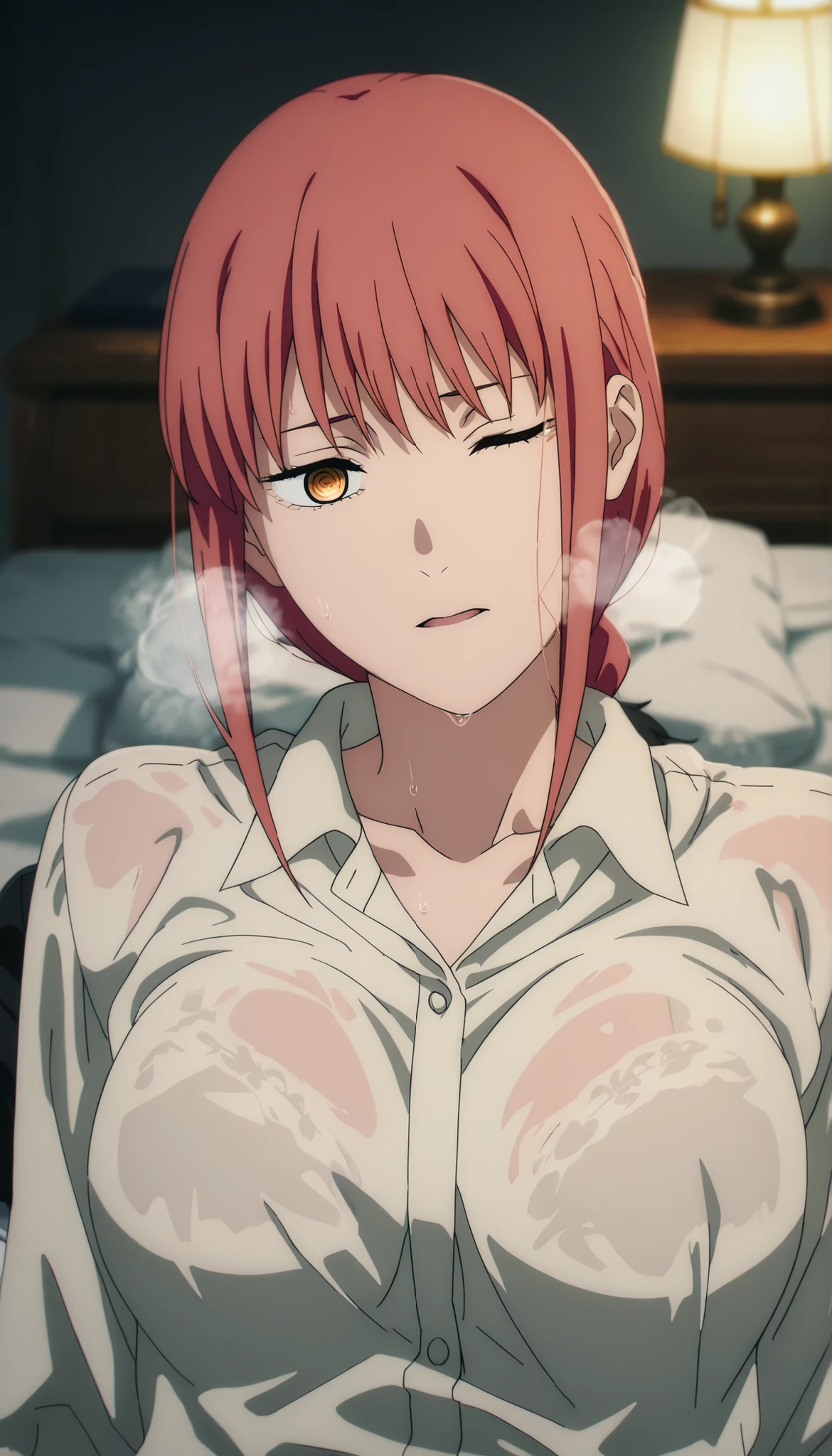 anime coloring, (anime screencap) masterpiece, detailed face, <lora:Makima:0.8>Makima, ringed eyes, solo, from above, ,tight shirt, red hair, braid, looking at viewer, collared shirt, yellow eyes, white shirt, braided ponytail, bangs, long sleeves, sidelocks, upper body, formal, ((wide open mouth)), ((back on bed, lie on back)) , indoors,(dark room, lamp), medium hair, long hair, (head tilt) , , blurry background, business suit,((wince, light smile, orgasm ,frown)), , collarbone, large breasts, (see-through bra), shiny skin, sweaty skin,(bouncing breasts), (heavy breath), ,