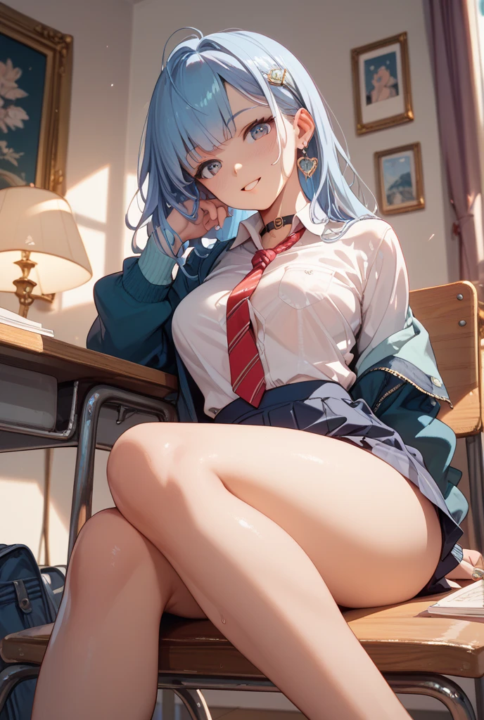 1 girl in、anime styled、full bodyesbian、(blue hairs)、shorth hair、a smile、red tide、blue eyess、blazers、、(Plain white shirt)、(red bowtie)、(Red checked skirt)、（Black stockings）、Absolute area、hightquality、best qualtiy、emphasizing thighs、school classrooms