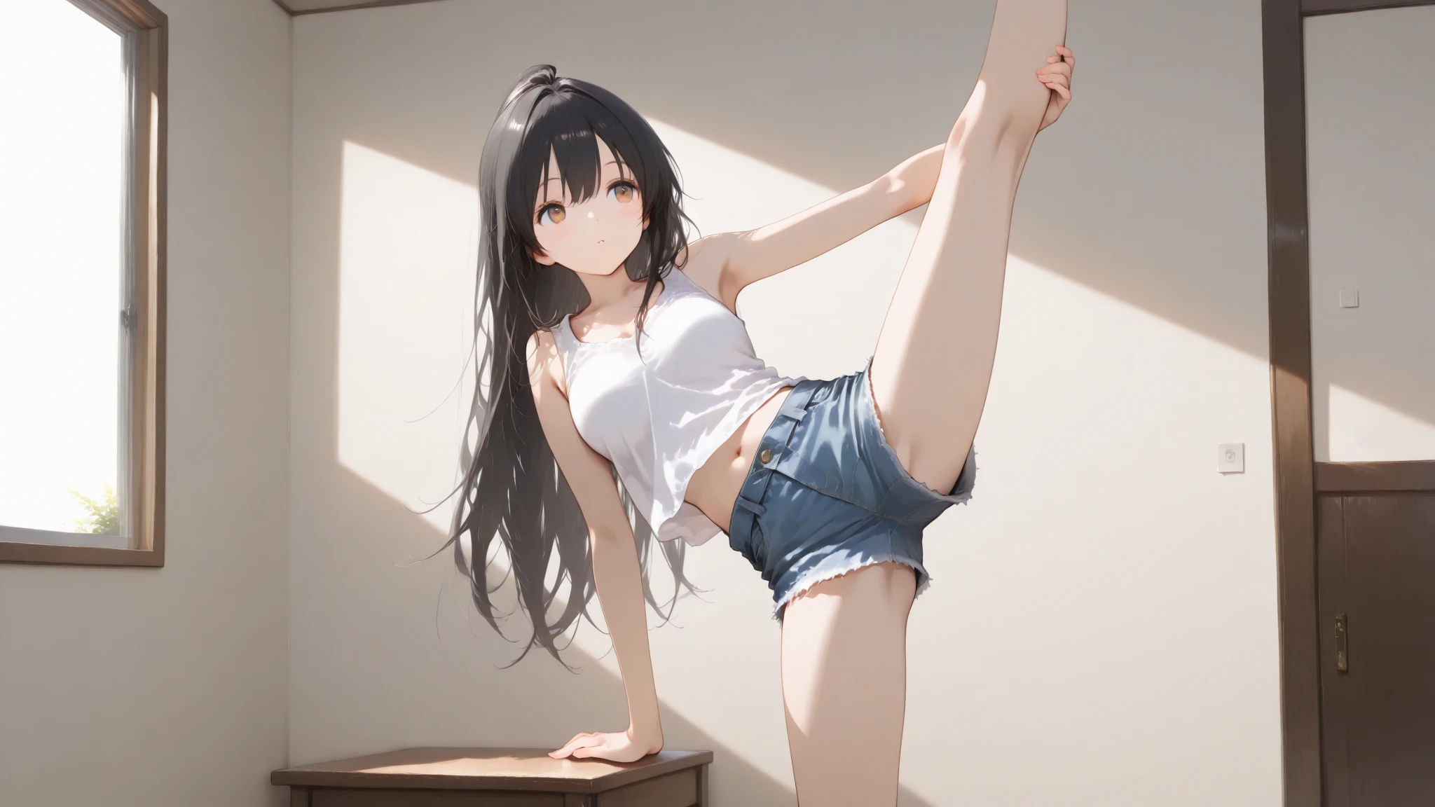 detailed,Clear lines,Highest quality, masterpiece、Overnight parking、Dark Light、Canon Photo Crystal Clear ,（Realistically:1.2）、Action pose、Fight、Karate Techniques、((Lift your leg and kick))、Take a full body photo、smile、Glamour body type、Medium Long Hair,Fully naked body