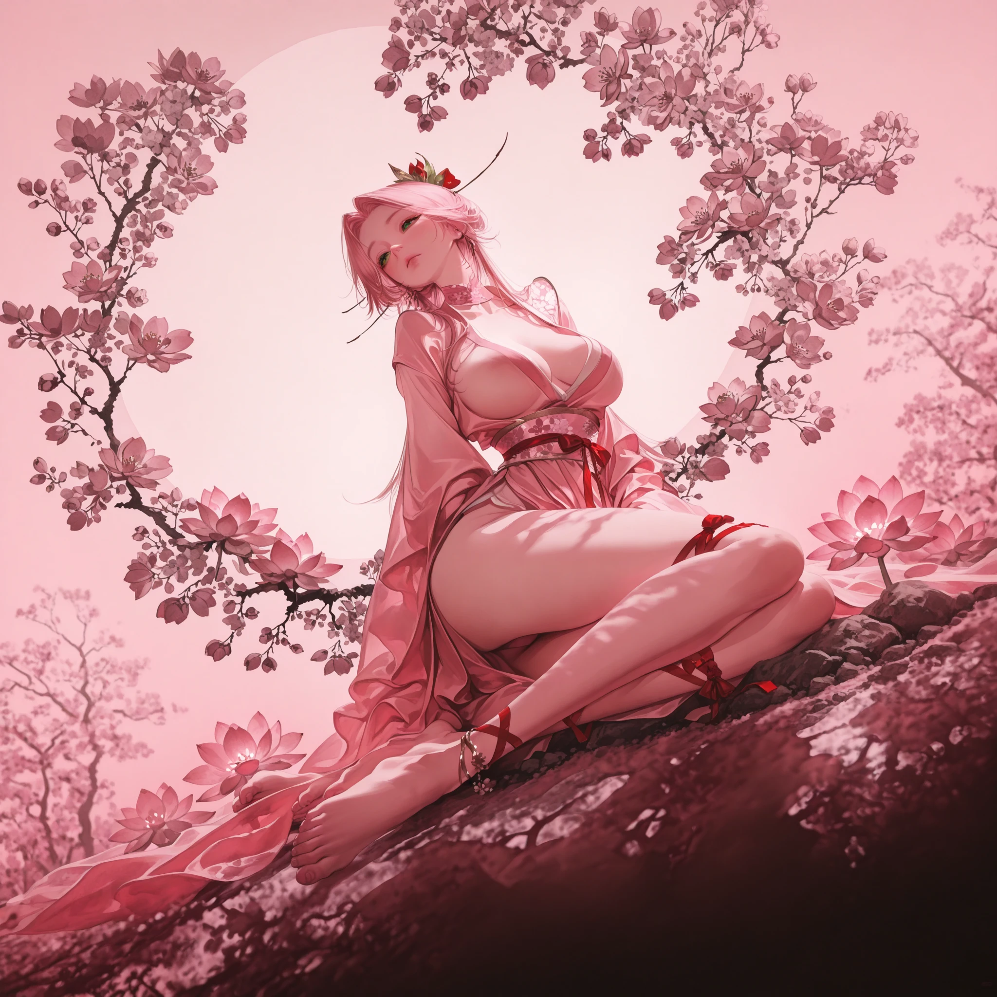 (Masterpiece 1.3, 8k resolution, ultra-realistic, very detailed), (Intricate Detail), Perfect Detail Face, Detailed Eyes, Very Detailed, Blush, waist constriction, beautiful legs, taut skin, very detailed face and skin texture, double eyelids, pale cheeks, healthy skin, (Seductive appearance: 1.5), Detailed Background, Realistic Photo, Sharp Focus: 1.2, Perfect + Slender Style, ((original yae miko sit on grass, under the big tree beside the lake looking at the moon)), full body, landscape, (forest of cherry blossom trees, lakeside, ((at night)), fireflies, dynamic lights, dynamic angle, the most beautiful form of chaos, (vivid colours)), (full moon)