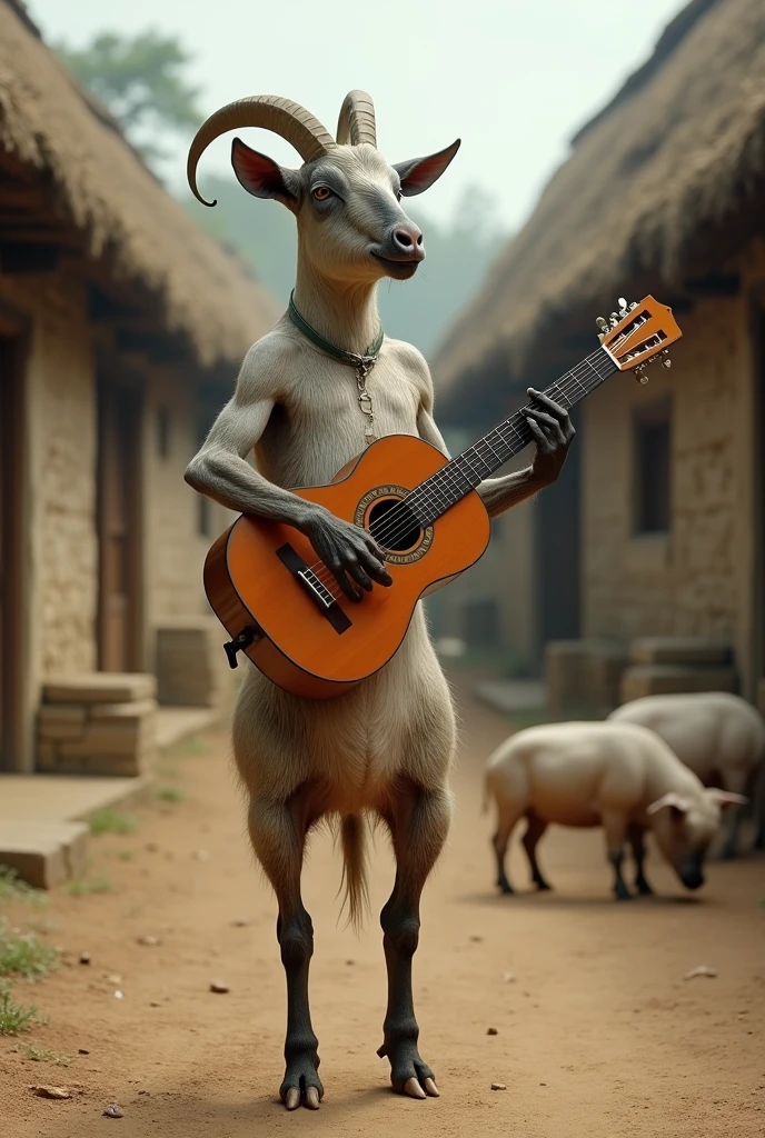 He acts as a professional illustrator and creates an image of a man with a goat's head, that he has his torso bare and a necklace of animal fangs, with baggy pants and sneakers dancing breakdance, while holding a Latin American indigenous staff with decorative feathers in one hand and a wireless microphone in the other.