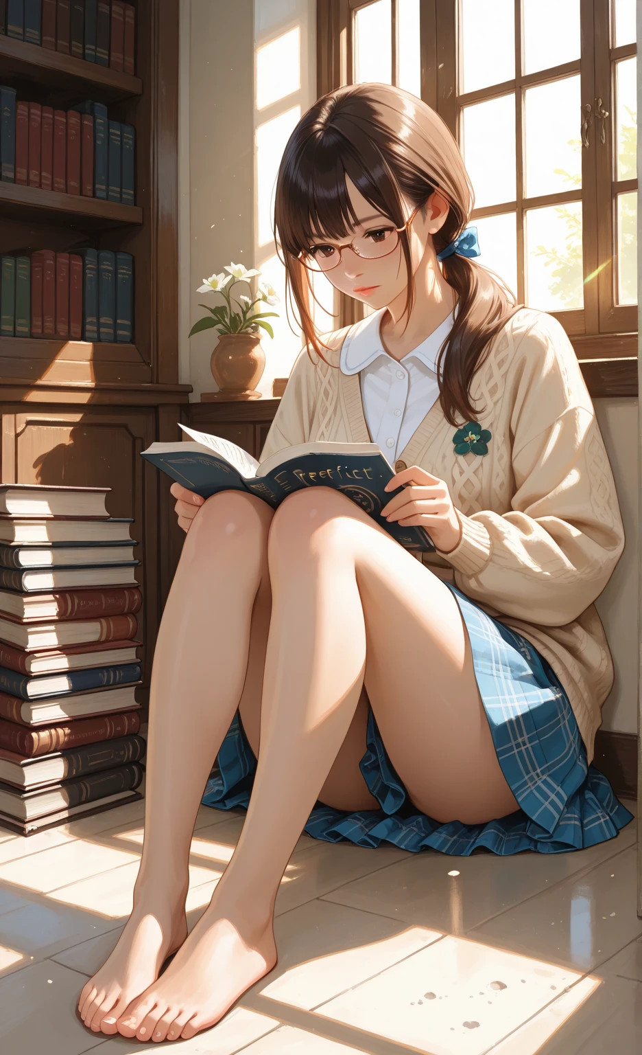 detailed illustration ,dynamic angle, ultra-detailed, detailed eyes, detailed face, 1girl, sitting down, legs up, reading book, long brown hair, glasses, green eyes, smile, shy, delight, blushing, horny, library, short black skirt, white blouse, cleavage, medium breasts, from above, looking up